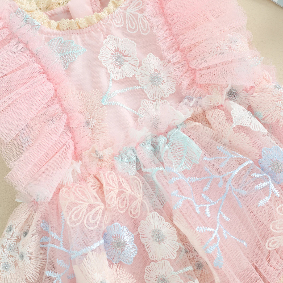 Embroidered Baby Girl Romper Dress with Pink Floral Mesh Skirt and Flutter Sleeves, Matching Headband and Snap Bottom for Party Photos, 0-24 Months