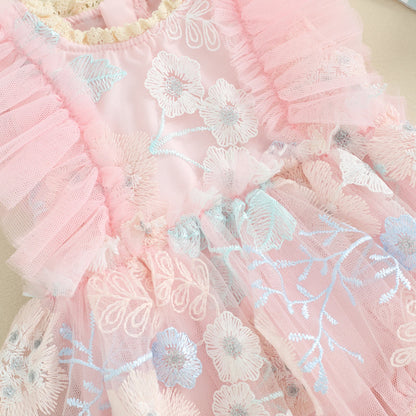 Embroidered Baby Girl Romper Dress with Pink Floral Mesh Skirt and Flutter Sleeves, Matching Headband and Snap Bottom for Party Photos, 0-24 Months