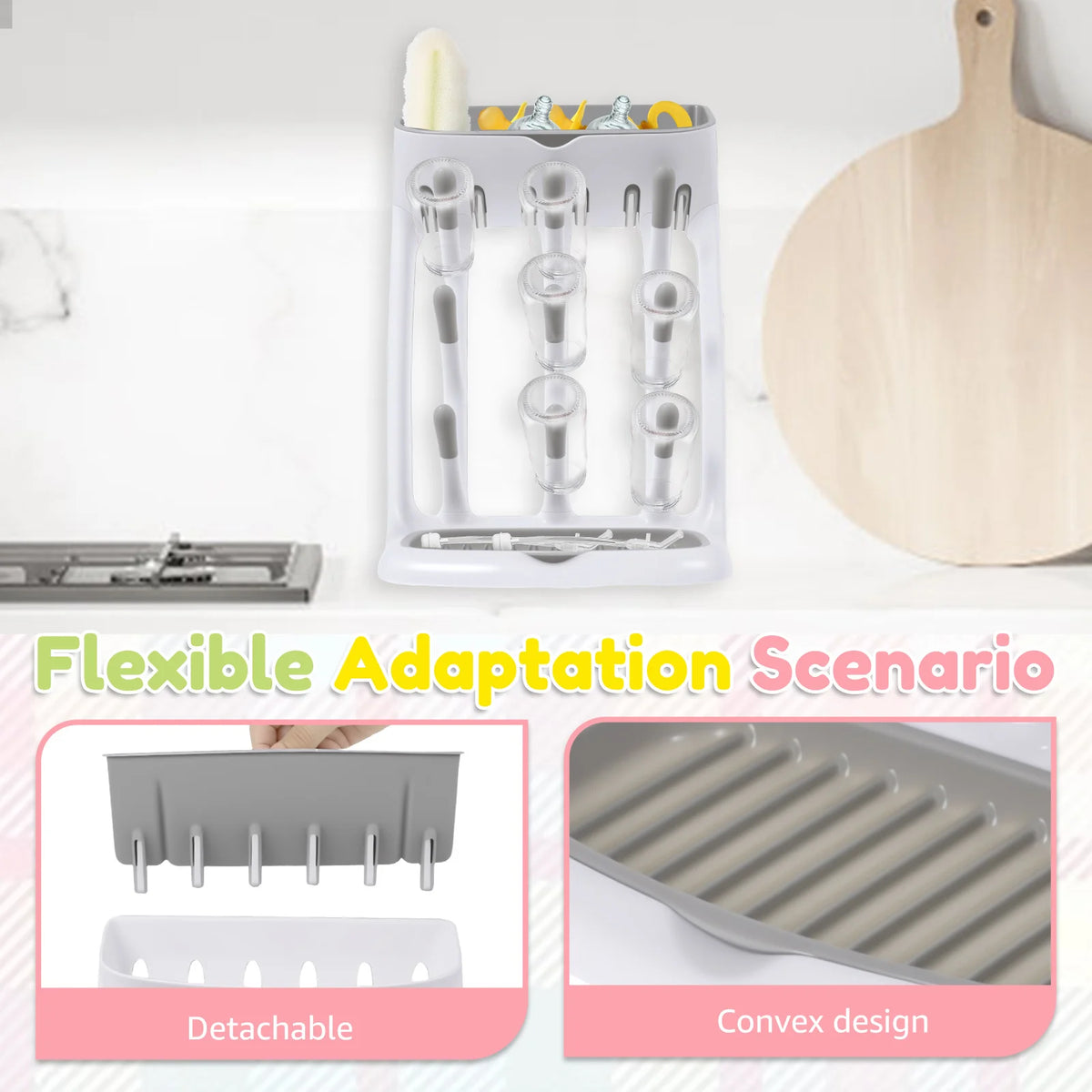 Angled-Holder Baby Bottle Drying Rack with Top Accessory Storage and Detachable Drain Tray, ABS and PP Countertop Feeding Organizer