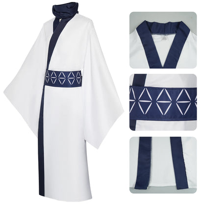 Ryomen Sukuna Cosplay Costume for Adults, White Kimono-Style Robe with Dark Trim, Neckwear and Patterned Waist Belt for Halloween and Anime Events