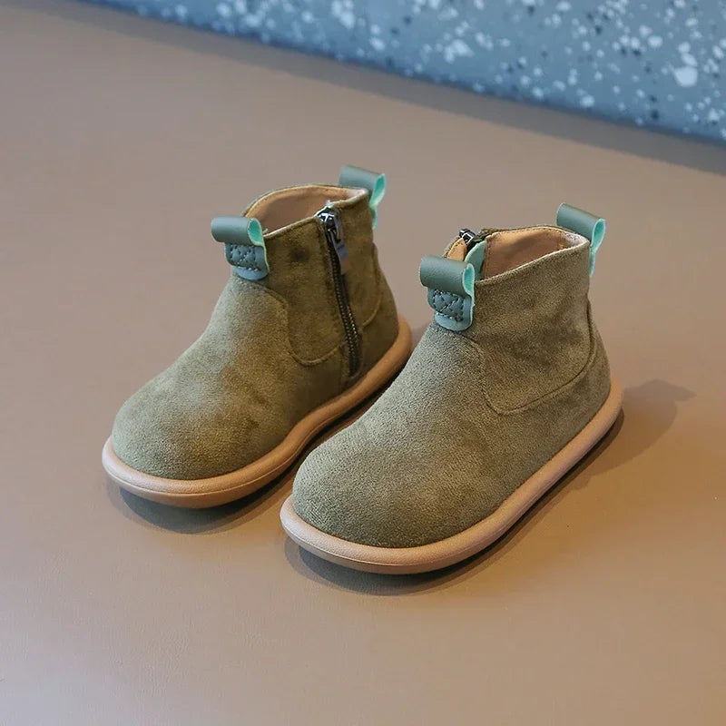 Toddler Suede-Look Ankle Boots with Side Zipper and Colorful Pull Tabs, Green Pink or Yellow Casual Short Boots for Boys and Girls in Sizes 21–30