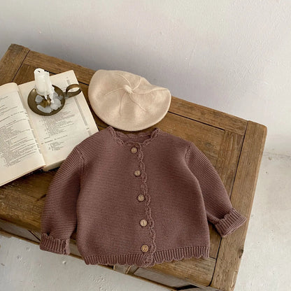 Scalloped Neck Baby Cardigan with Button Front, Textured Knit and Ribbed Cuffs, Long Sleeve Infant and Toddler Sweater in Khaki or Apricot
