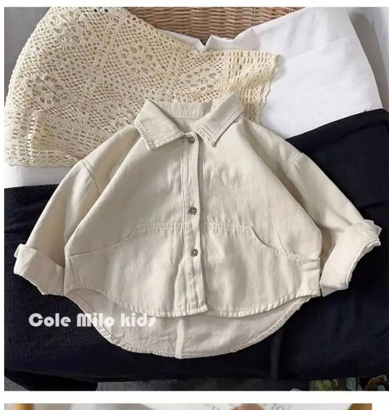 Baby and Toddler Collared Button-Up Shirt with Long Sleeves and Chest Pocket, Beige or Brown Unisex Casual Top for Spring and Fall Family Outfits