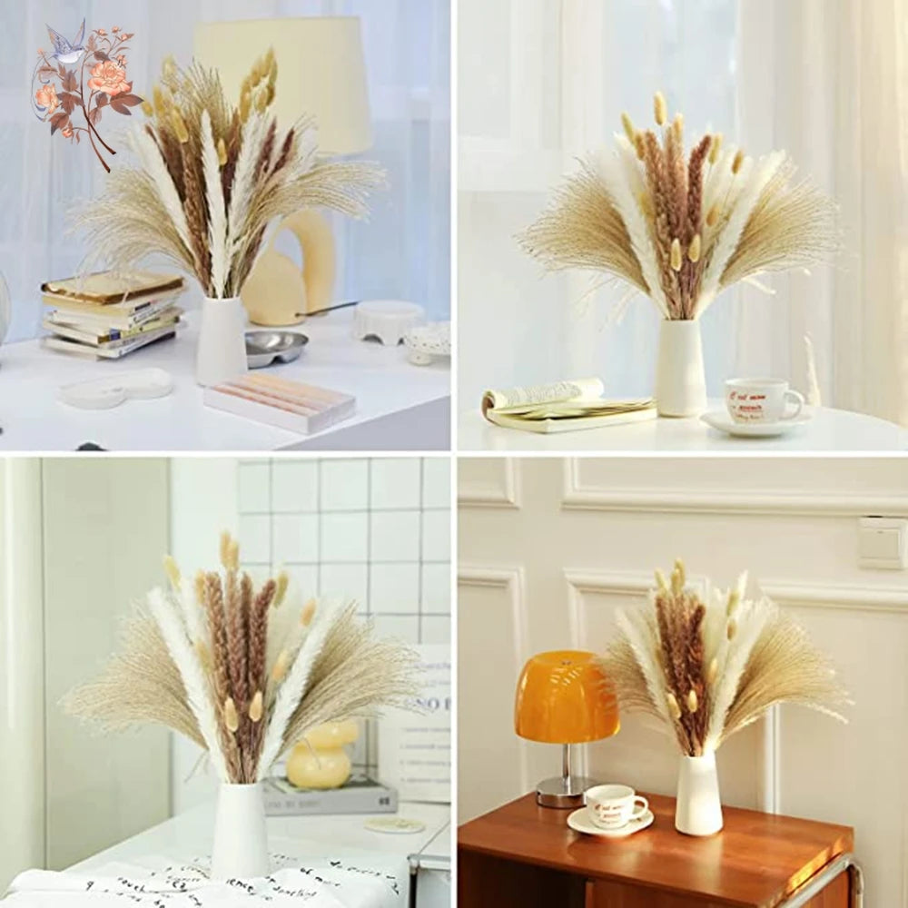 Dried Pampas Grass Bouquet, Natural Decorative Flowers and Bunny Tail Grass for Boho Vase Styling, Home Displays, Weddings and Party Decor