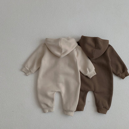 Baby Hooded Snap Front Jumpsuit with Bear Patch, Long Sleeve One-Piece Outfit in Coffee or Beige for Boys and Girls, Sizes 3M-18M