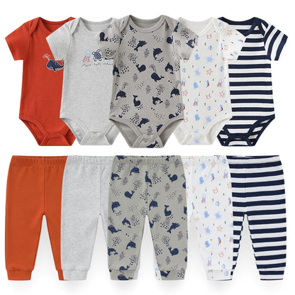 Baby Bodysuit and Pants Set, 10-Piece Kiddiezoom Infant Clothing Bundle with Short-Sleeve Tops for Boys and Girls, Sizes 3M-12M