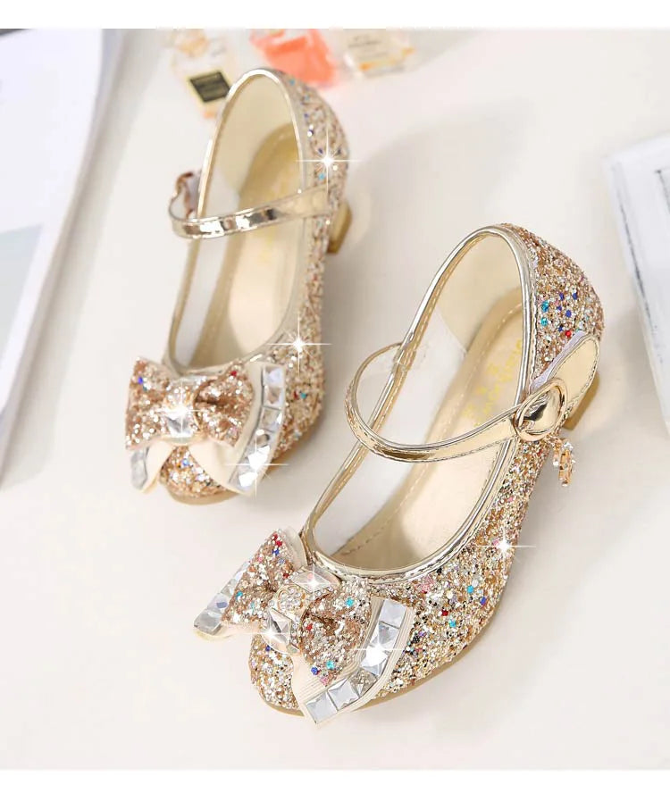 Bow-Accent Glitter Mary Jane Shoes for Girls with Buckled Strap and Block Heel, Sparkling Princess Dress Shoes for Parties and Weddings