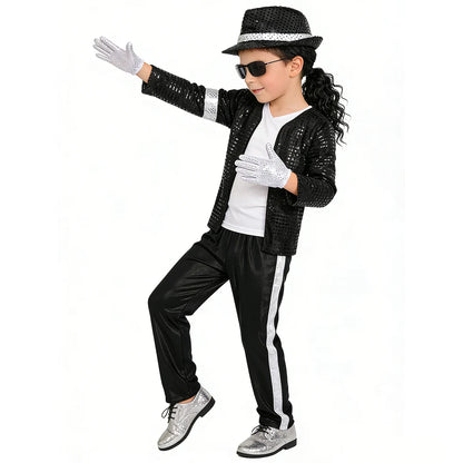 Kids Pop Star Costume with Black Sequin Jacket and Pants Set Options, Retro Dance Performance Outfit for Halloween and Parties, Sizes S-XL