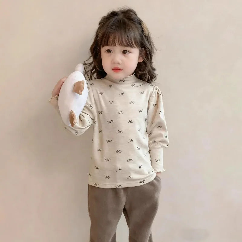 Girls High Neck Long Sleeve Shirt with Allover Bow Print, Beige or Gray Layering Top for Everyday Fall and Winter Outfits and Family Gatherings
