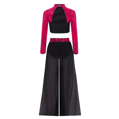 Girls Lyrical Dance Costume Set with Mock Neck Sparkle Top and Wide Leg Pants, Chiffon Overlay and Sleeveless Styles for Recitals and Stage Performances