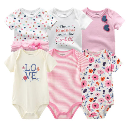 Baby Cotton Bodysuit Set, 6-Piece Short Sleeve Outfits with Envelope Shoulders and Snap Crotch for Boys and Girls, Sizes 3M-12M