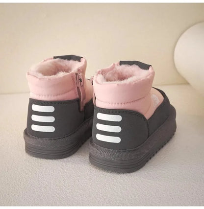 Plush-Lined Kids Snow Boots with Side Zippers and Chunky Platform Soles, Boys and Girls Winter Ankle Boots in Pink, Black and Ivory