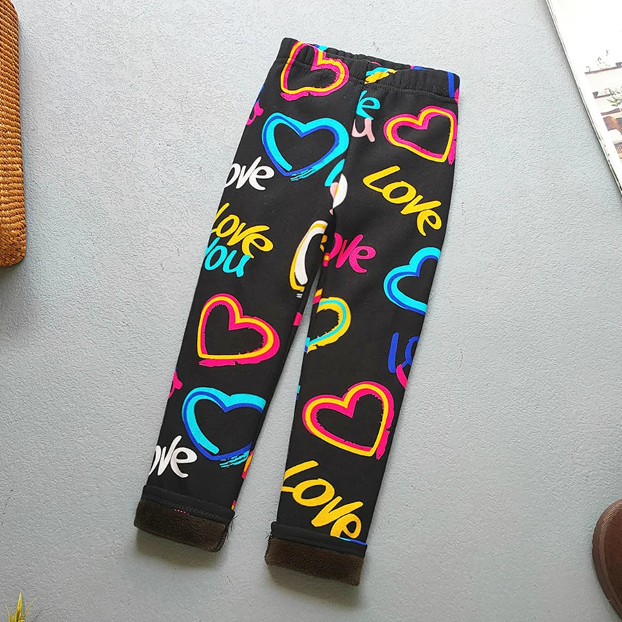 Printed Lined Leggings for Girls, Plush-Textured Winter Pants with Floral Heart and Pattern Options for Toddler and Kids Outfits, Sizes 2-3T to 10-11
