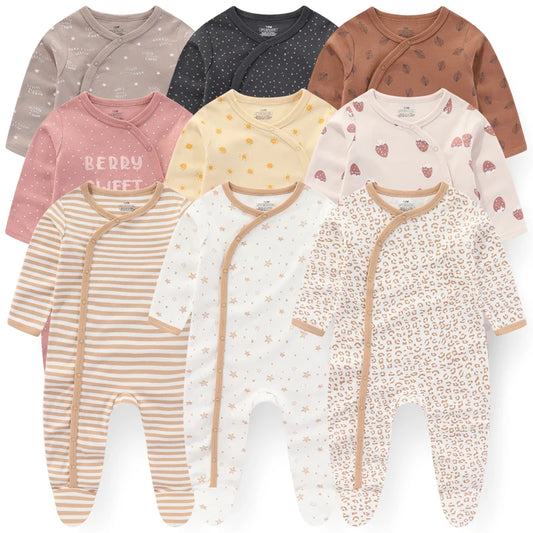 Baby Zip-Front Footed Rompers 3-Pack with Long Sleeves, Printed Infant One-Piece Outfits in Neutral and Pastel Styles for Boys and Girls