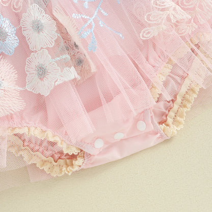 Embroidered Baby Girl Romper Dress with Pink Floral Mesh Skirt and Flutter Sleeves, Matching Headband and Snap Bottom for Party Photos, 0-24 Months