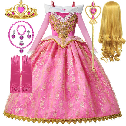 Pink Princess Costume Dress for Girls with Gold-Tone Detailing and Long Sleeves, Aurora-Inspired Party Dress-Up with Selectable Bundle Options