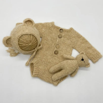 Newborn Bear Photography Outfit with Long Sleeve Knitted Romper and Bear Ear Bonnet, Optional Knit Toy for Baby Boys and Girls Portrait Sessions