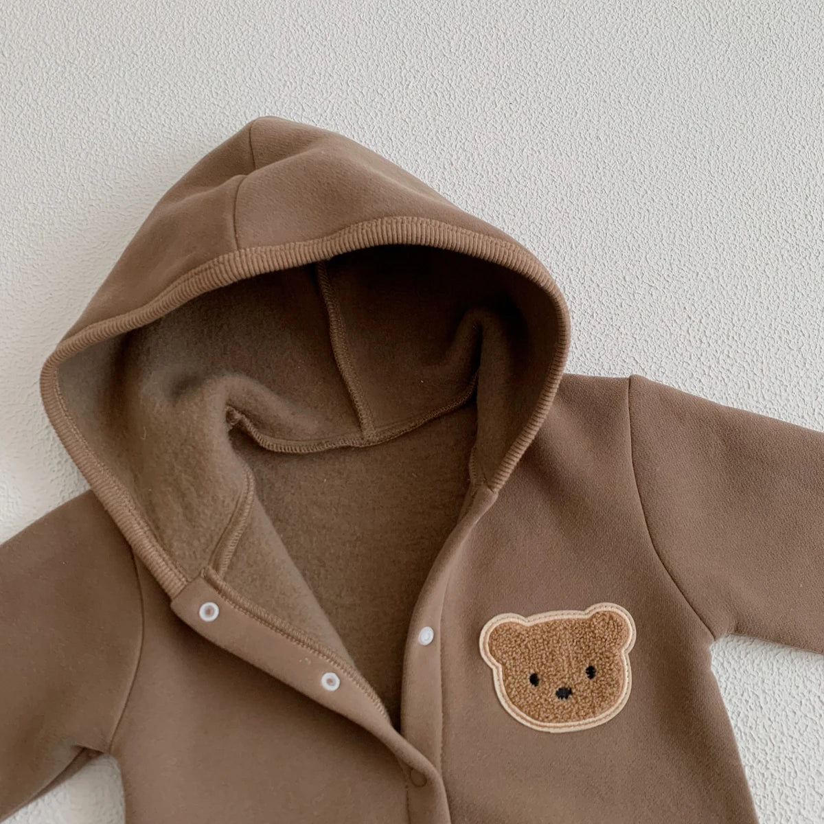 Baby Hooded Snap Front Jumpsuit with Bear Patch, Long Sleeve One-Piece Outfit in Coffee or Beige for Boys and Girls, Sizes 3M-18M