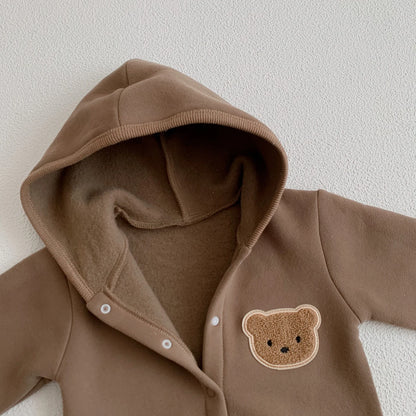 Baby Hooded Snap Front Jumpsuit with Bear Patch, Long Sleeve One-Piece Outfit in Coffee or Beige for Boys and Girls, Sizes 3M-18M