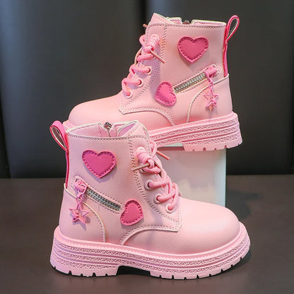 Girls Heart Ankle Boots with Lace-Up Front, Side Zipper and Star Accents, Pink or Black Fashion Shoes with Optional Plush Lining, Sizes 26–37