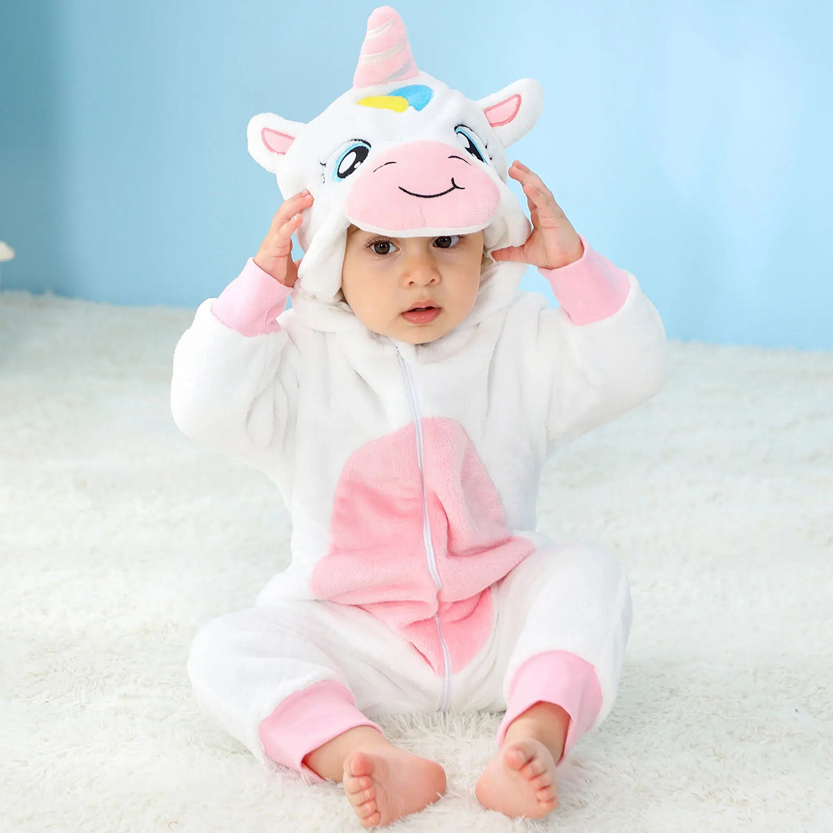 Animal Kigurumi Costume for Babies and Toddlers, Hooded Flannel Jumpsuit with Long Sleeves for Halloween Dress-Up and Family Photos