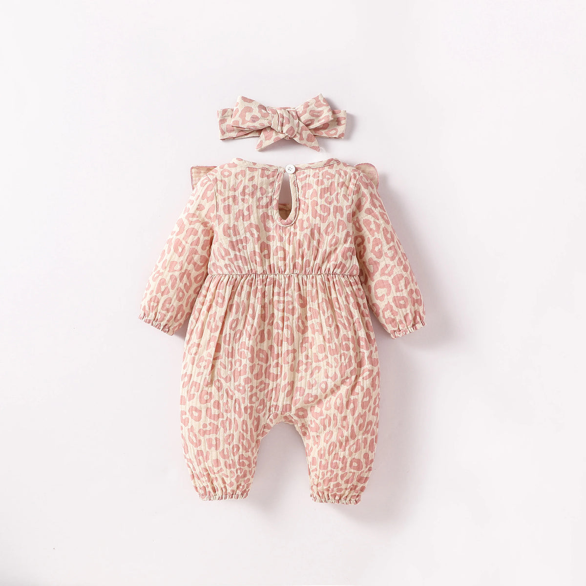 Baby Girl Heart Print Romper with Shoulder Ruffles and Bow Details, Long Sleeve Cotton Jumpsuit with Inner-Leg Snaps, Sizes 0-6 Months