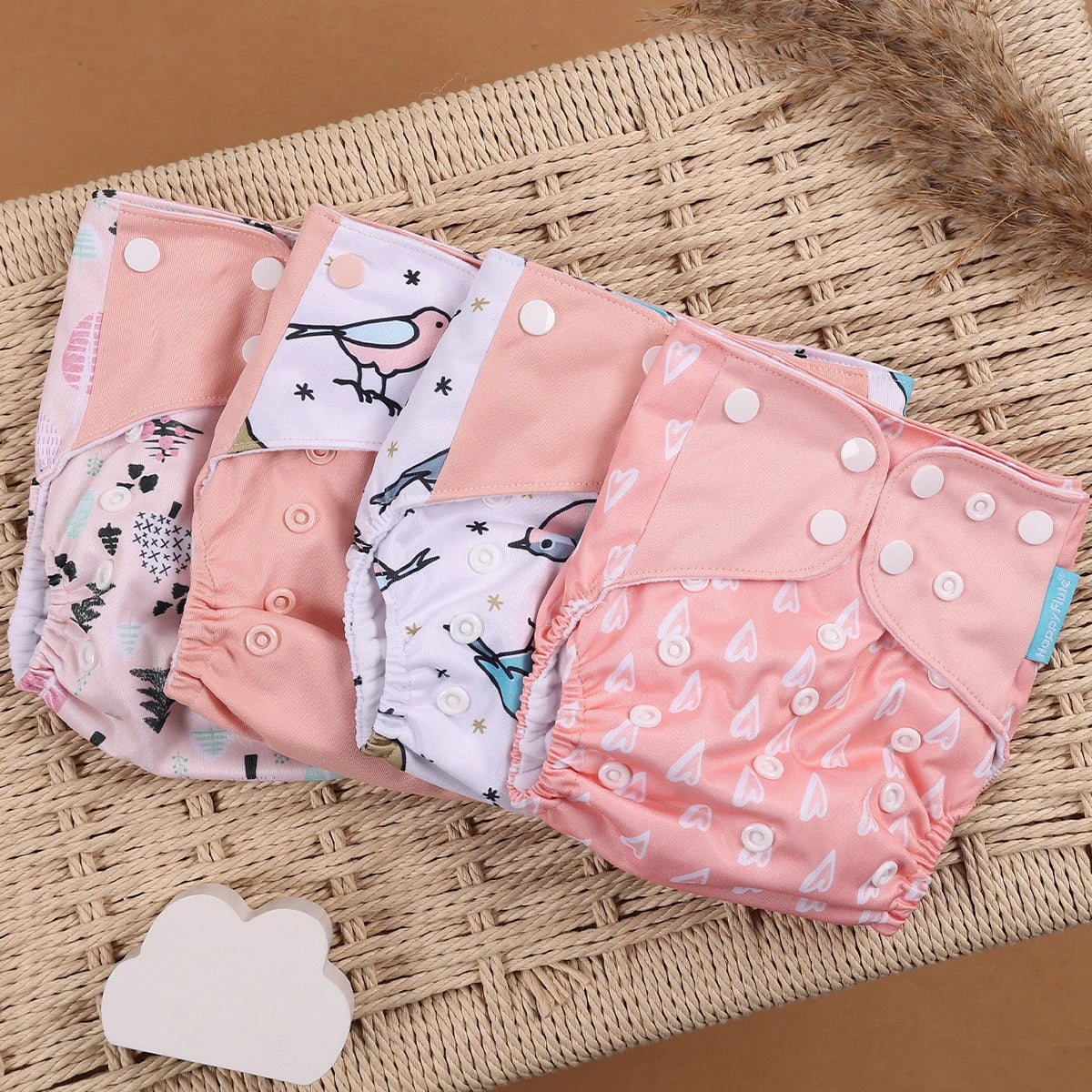 Pocket Cloth Diapers 4-Pack by Happyflute, Reusable Baby Nappies with Printed PUL Outer, Suede Cloth Lining and Snap Closures for 3–15 kg