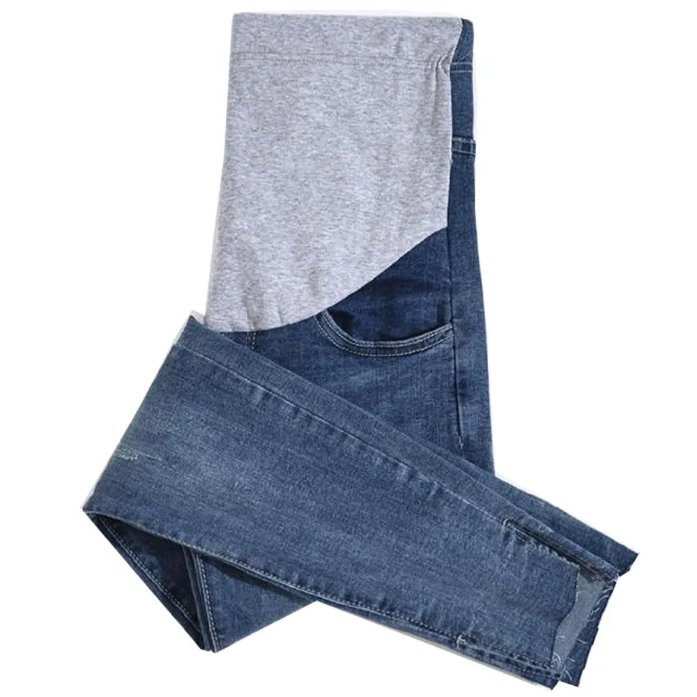 Maternity Denim Jeans with Over-Belly Panel, Blue Pregnancy Pants with Frayed Hem Styling, M-2XL Options for Everyday Casual Outfits