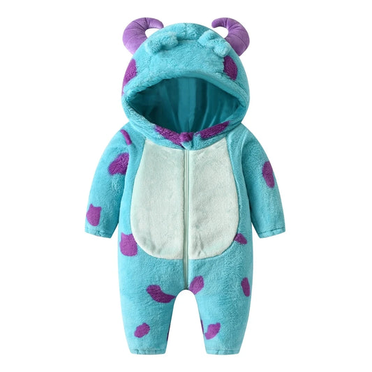 Monster Hooded Baby Jumpsuit, Blue and Purple Spotted Fleece One-Piece with Curved Horns and Front Zipper for Boys and Girls Winter Outfits