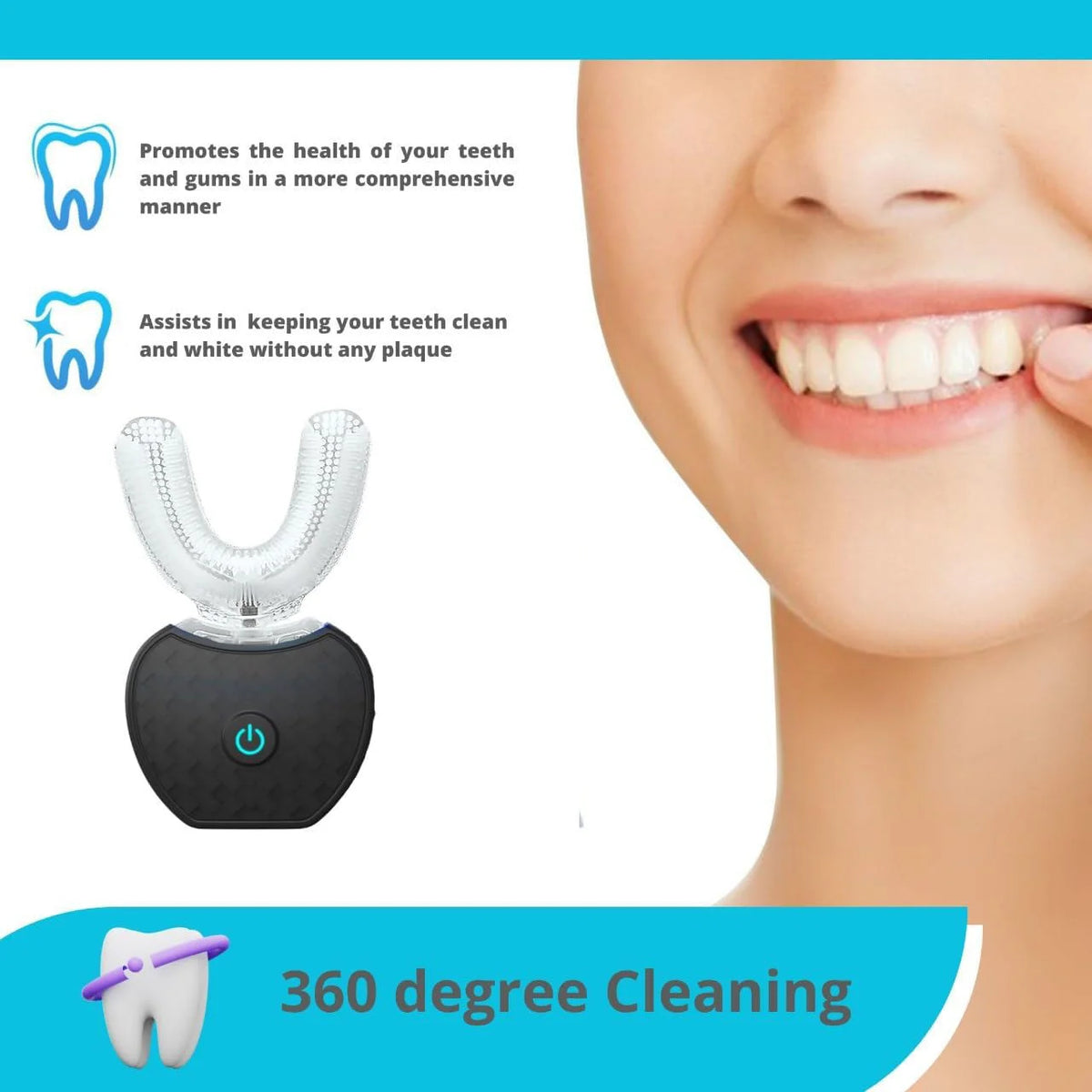 Automatic U-Shaped Electric Toothbrush with Sonic Vibration, USB Rechargeable Design and Blue Light in White, Black, Blue or Pink