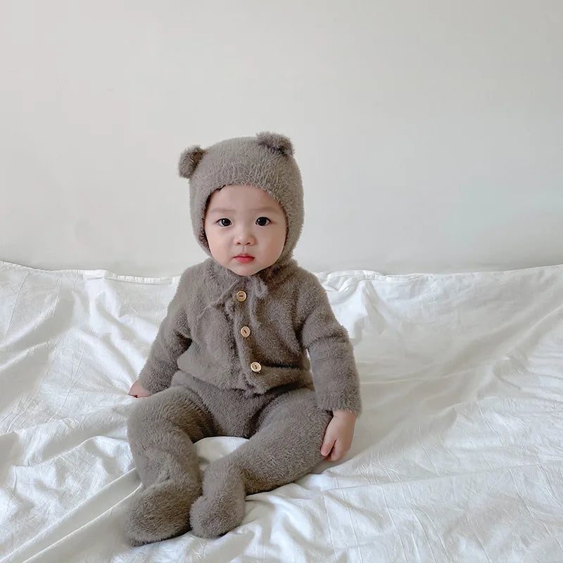 Plush Baby Footed Jumpsuit with Button Front, Bear-Inspired Autumn Winter One-Piece Outfit for Boys and Girls in Four Colors
