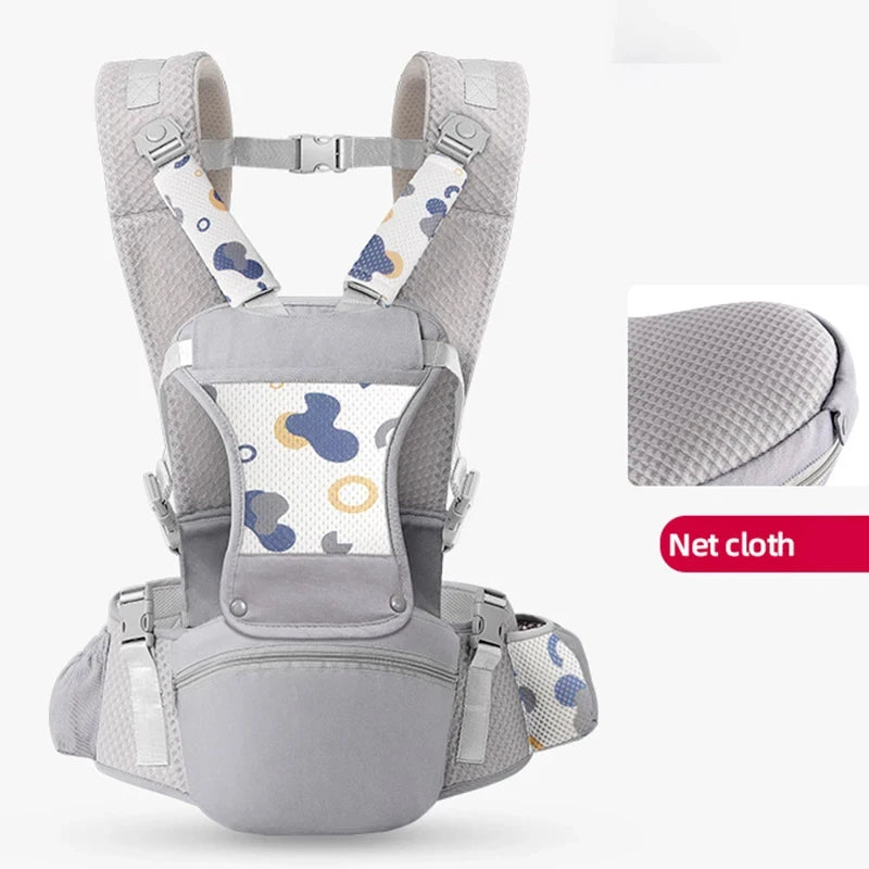 Front and Back Baby Carrier with Hip Seat, Adjustable Buckle Straps and Wide Waist Belt, Gray or Dark Blue Babywearing for Family Outings