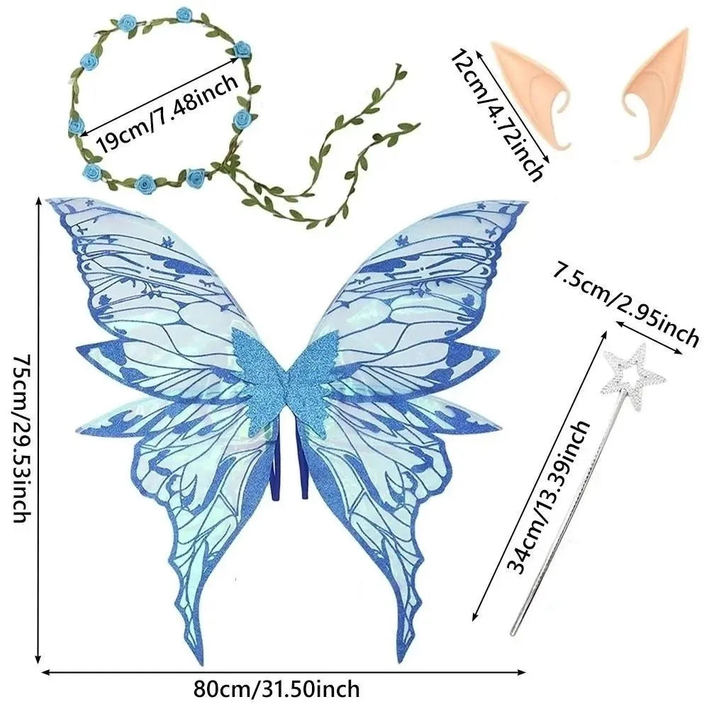 Fairy Wings Costume Set with Organza Butterfly Wings, Elf Ears, Floral Wreath and Star Wand for Halloween, Fantasy Parties and Dress-Up