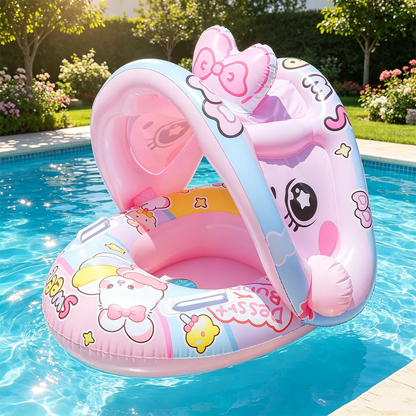 Rabbit-Style Inflatable Pool Float with Canopy and Seated Ring Design, Kids Water-Play Accessory for Closely Supervised Pool Time