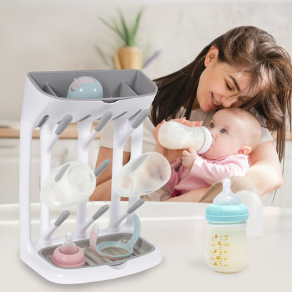 Angled-Holder Baby Bottle Drying Rack with Top Accessory Storage and Detachable Drain Tray, ABS and PP Countertop Feeding Organizer