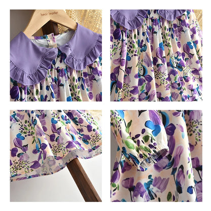 Toddler Girls Floral Dress with Oversized Collar and Long Sleeves, Bear Leader Outfit in Sizes 2T–6T for Spring, Fall and Family Photos