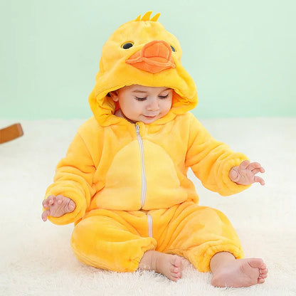 Baby Animal Hooded Costume Jumpsuit with Flannel Styling, Duck, Rabbit, Leopard and More Dress-Up Options for Boys and Girls, Sizes 70-120