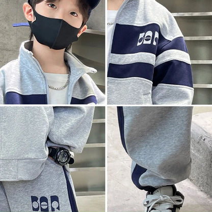 Colorblock Boys Tracksuit with Stand-Collar Zip-Up Jacket and Matching Jogger Pants, Gray or Navy Two-Piece Casual Outfit for Ages 4-12