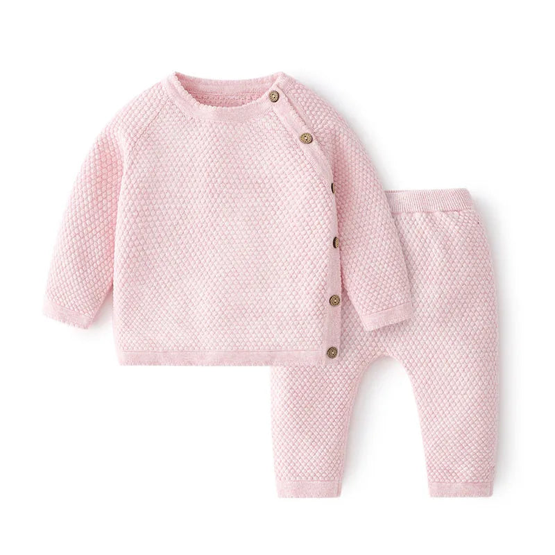Baby Cotton Knit Sweater Set with Side Buttons and Matching Pants, Textured Two-Piece Outfit for Boys and Girls, Newborn to Toddler Sizes