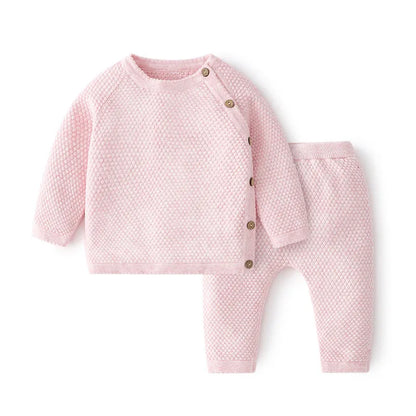 Baby Cotton Knit Sweater Set with Side Buttons and Matching Pants, Textured Two-Piece Outfit for Boys and Girls, Newborn to Toddler Sizes