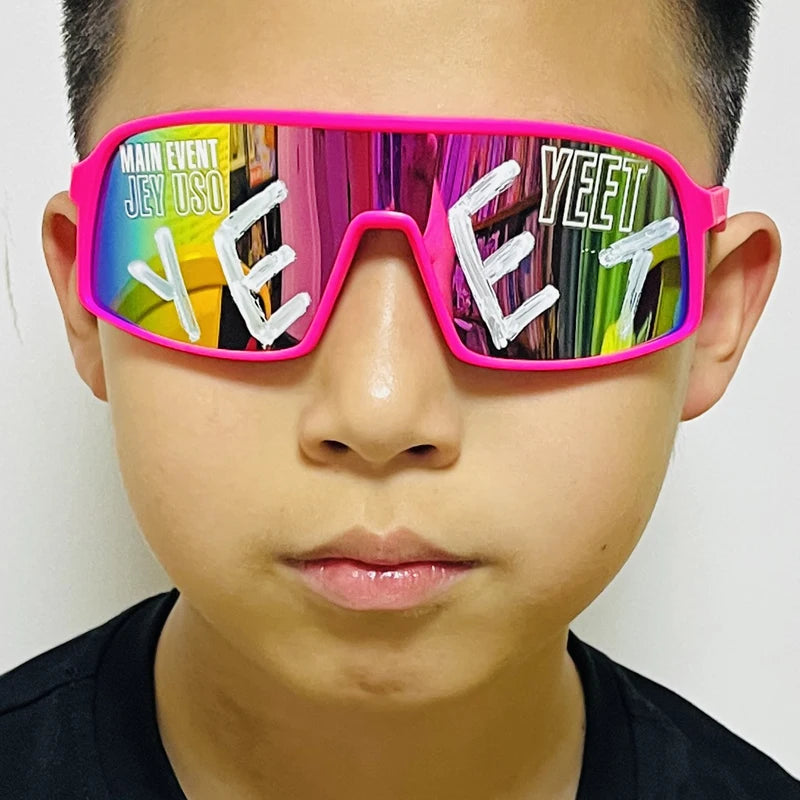 YEET Graphic Sunglasses with Jey Uso Main Event Lettering, Colorful Shield-Style Fan Shades in Children's and Adult Options for Party Outfits