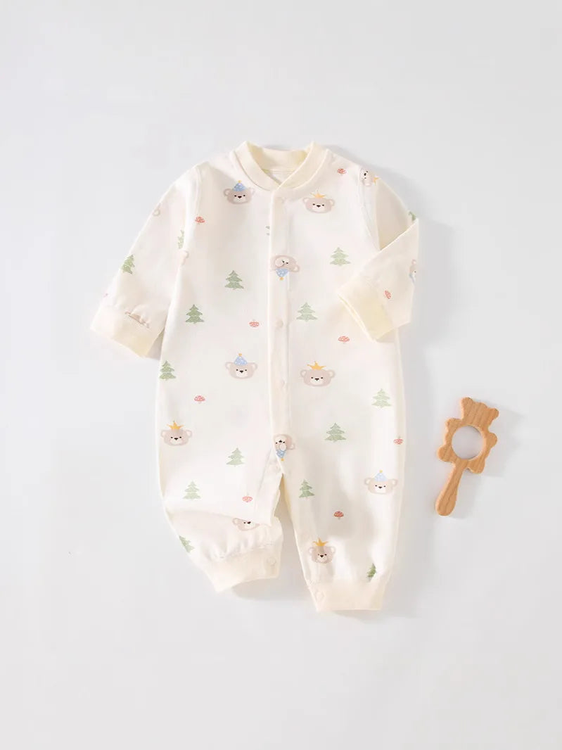 Long Sleeve Cotton Baby Romper with Front Snaps and Footless Cuffs, Animal Prints and Solid Colors for Boys and Girls, Sizes 59-90 cm