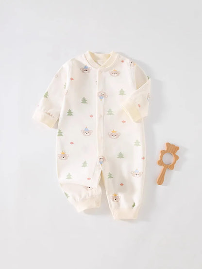 Long Sleeve Cotton Baby Romper with Front Snaps and Footless Cuffs, Animal Prints and Solid Colors for Boys and Girls, Sizes 59-90 cm