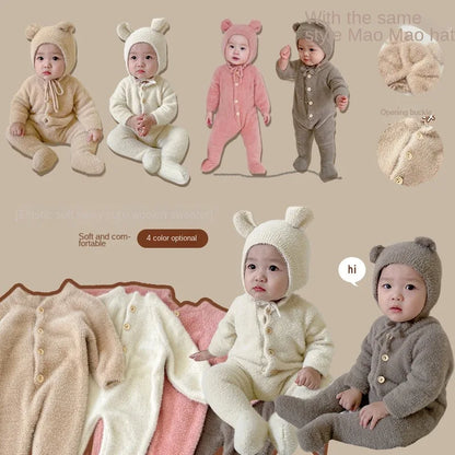 Plush Baby Footed Jumpsuit with Button Front, Bear-Inspired Autumn Winter One-Piece Outfit for Boys and Girls in Four Colors