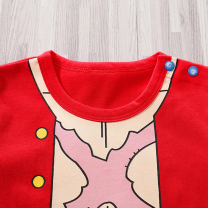 Pirate Costume Baby Romper, Red and Blue Cotton Short Sleeve One-Piece with Printed Vest and Yellow Sash for Anime Photos, 0-18M