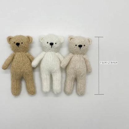 Newborn Bear Photography Outfit with Long Sleeve Knitted Romper and Bear Ear Bonnet, Optional Knit Toy for Baby Boys and Girls Portrait Sessions