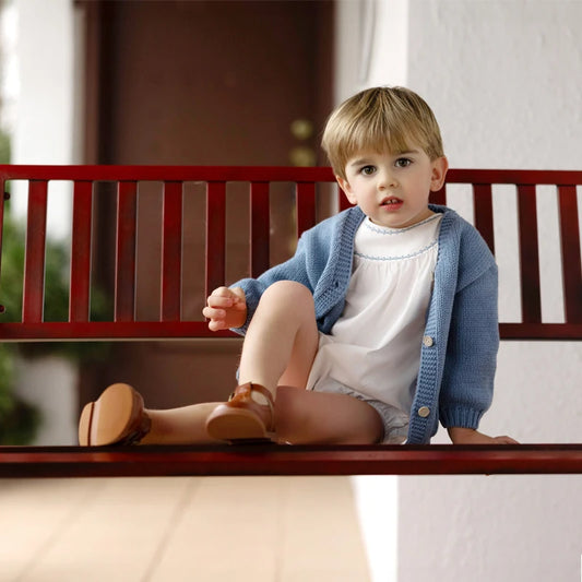 Matching Sibling Clothes with Classic Blue Trim, Shirts, Shorts, Overalls, Dresses and Cardigan Options for Baby Boys, Girls and Kids