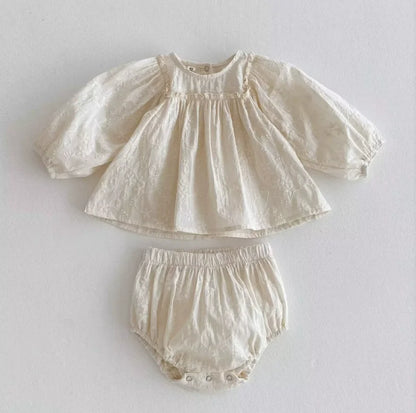 Baby Girl Bloomer Outfit Set with Vintage Lace Embroidery, Long Sleeve Cotton Top and Matching Shorts for Infants and Toddlers