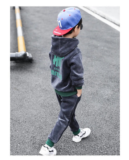 Boys Winter Tracksuit Set with Velvet-Texture Zip-Up Hooded Jacket and Matching Pants, 2-Piece Polyester Outfit for Ages 3-10