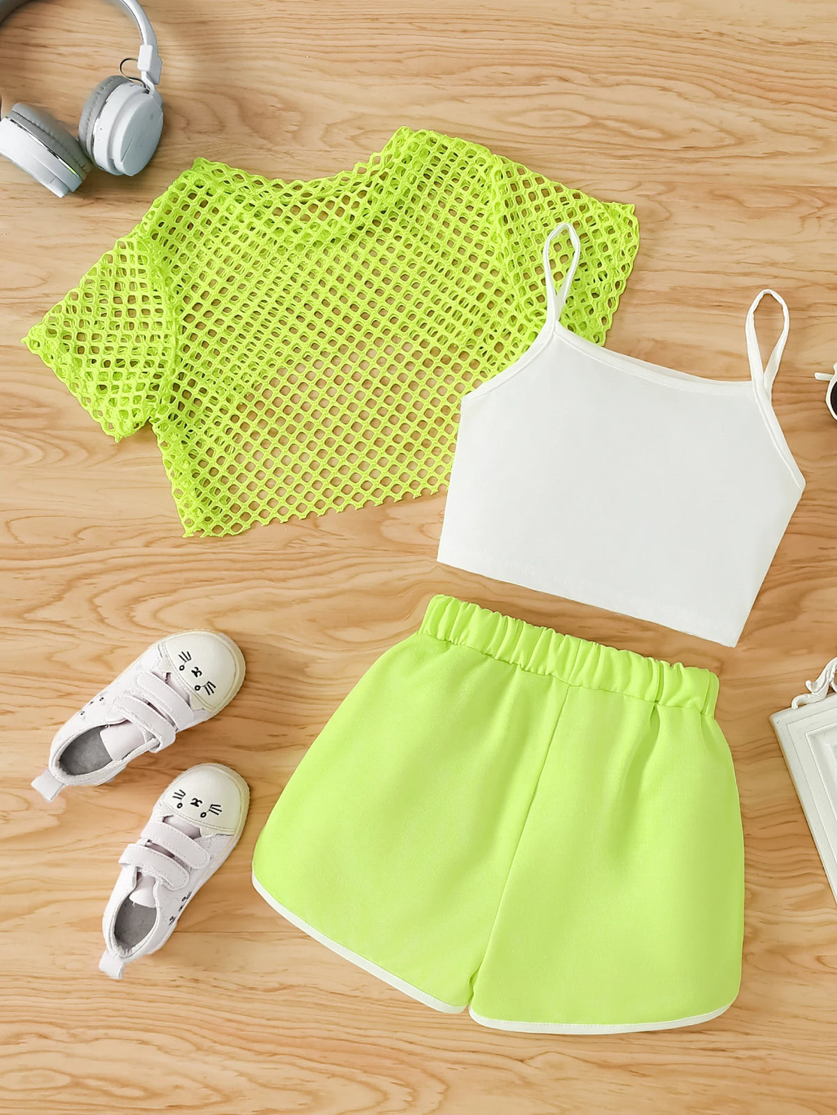 Girls Mesh Top and Shorts Outfit with Brooklyn Print Cami, Three-Piece Summer Set with Short Sleeves and Elastic Waist for Ages 8-12